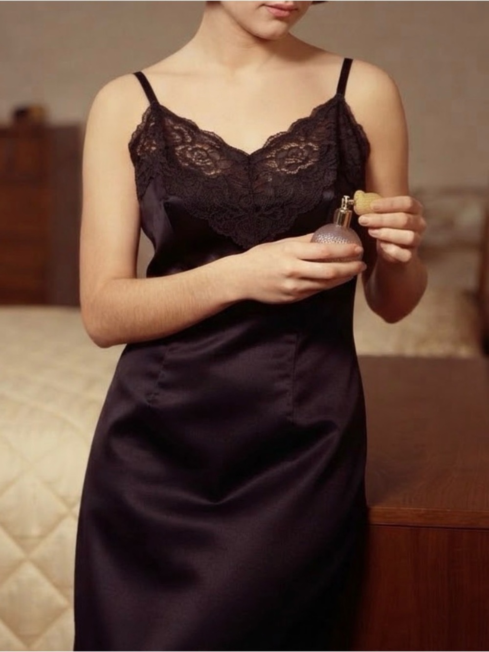 Vintage 50s Loomcraft Black Lace Satin Slip Dress Size 38 Goth Midi Lingerie